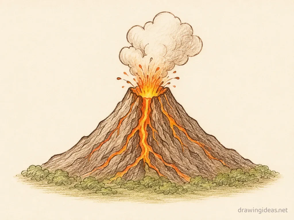 Volcano drawing — hand-drawn volcano illustration with ink lines and soft colors