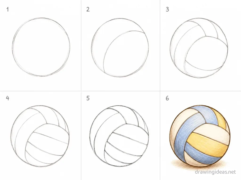 How to draw a volleyball step by step — 6-step volleyball drawing tutorial grid