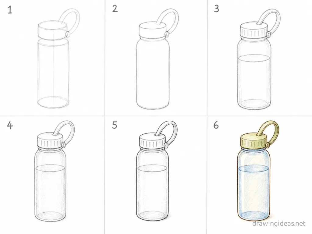 How to draw a water bottle step by step — 6-step water bottle drawing tutorial grid
