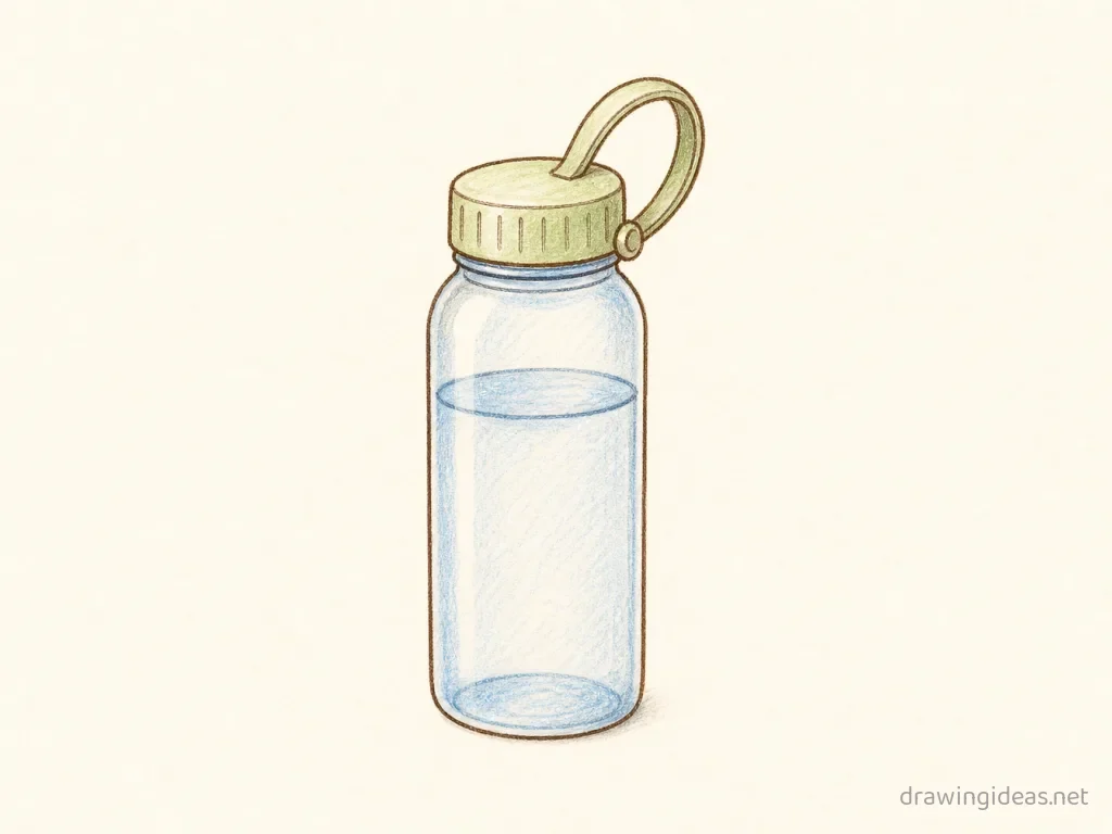 Water Bottle drawing — hand-drawn water bottle illustration with ink lines and soft colors