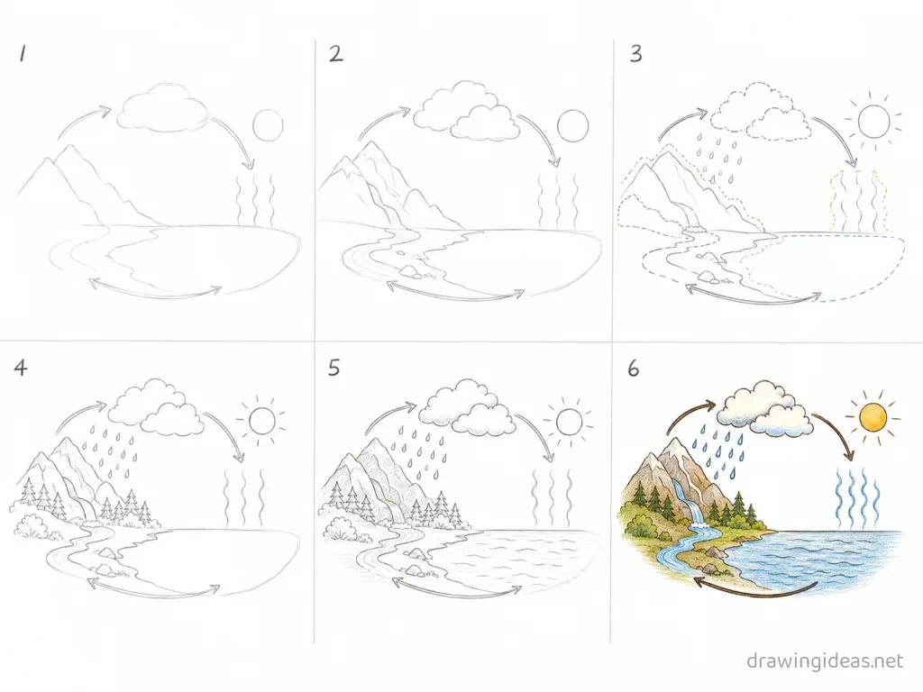 How to draw the Water Cycle step by step — 6-step Water Cycle drawing tutorial grid
