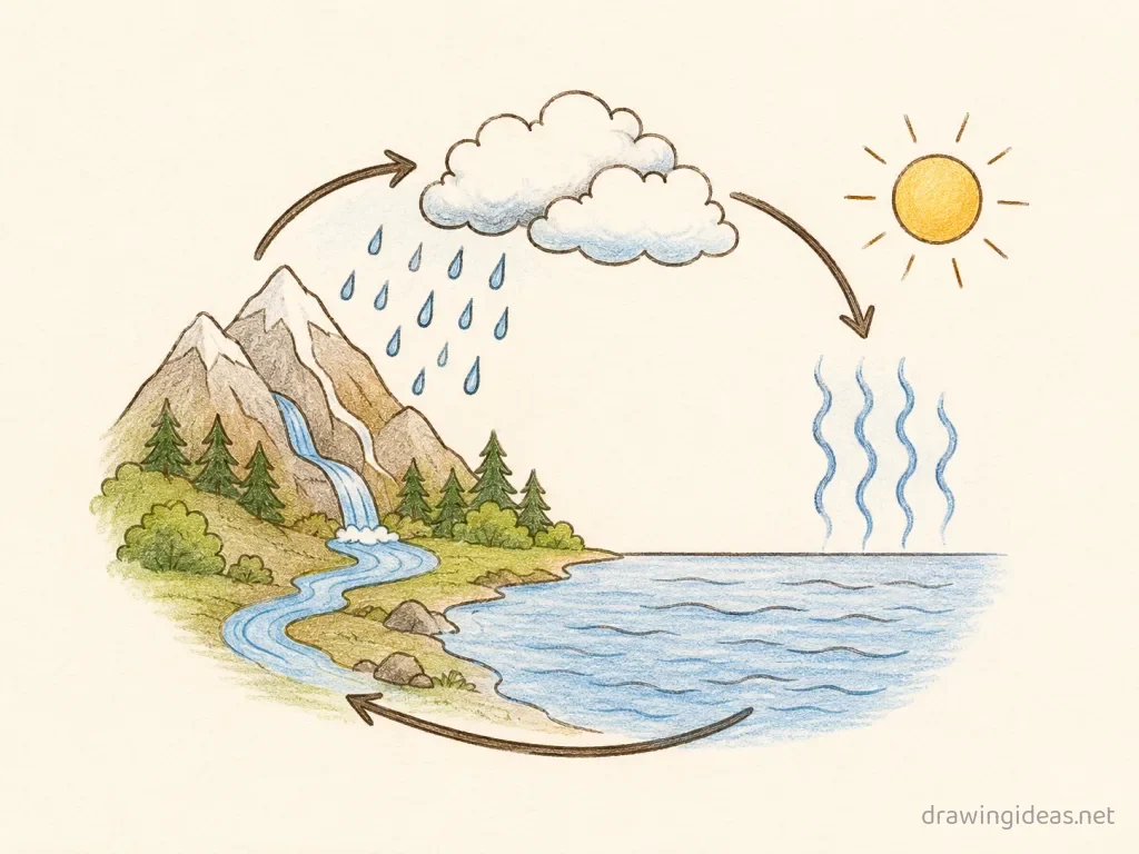 Water Cycle drawing — hand-drawn Water Cycle illustration with ink lines and soft colors
