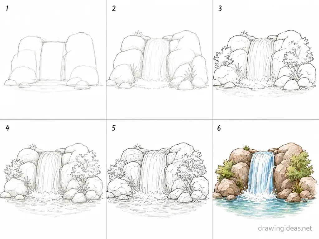 How to draw water step by step — 6-step water drawing tutorial grid