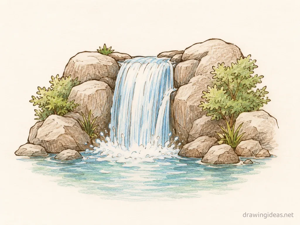 Water drawing — hand-drawn water illustration with ink lines and soft colors
