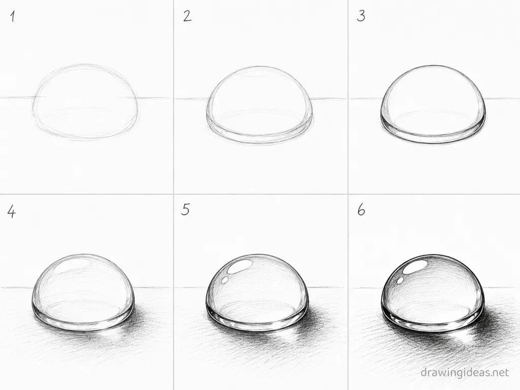 How to draw a water droplet step by step — 6-step water droplet drawing tutorial grid