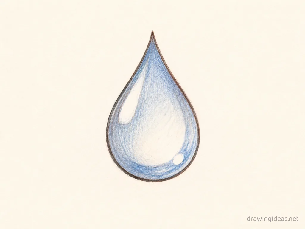 Water Droplet drawing — hand-drawn water droplet illustration with ink lines and soft colors