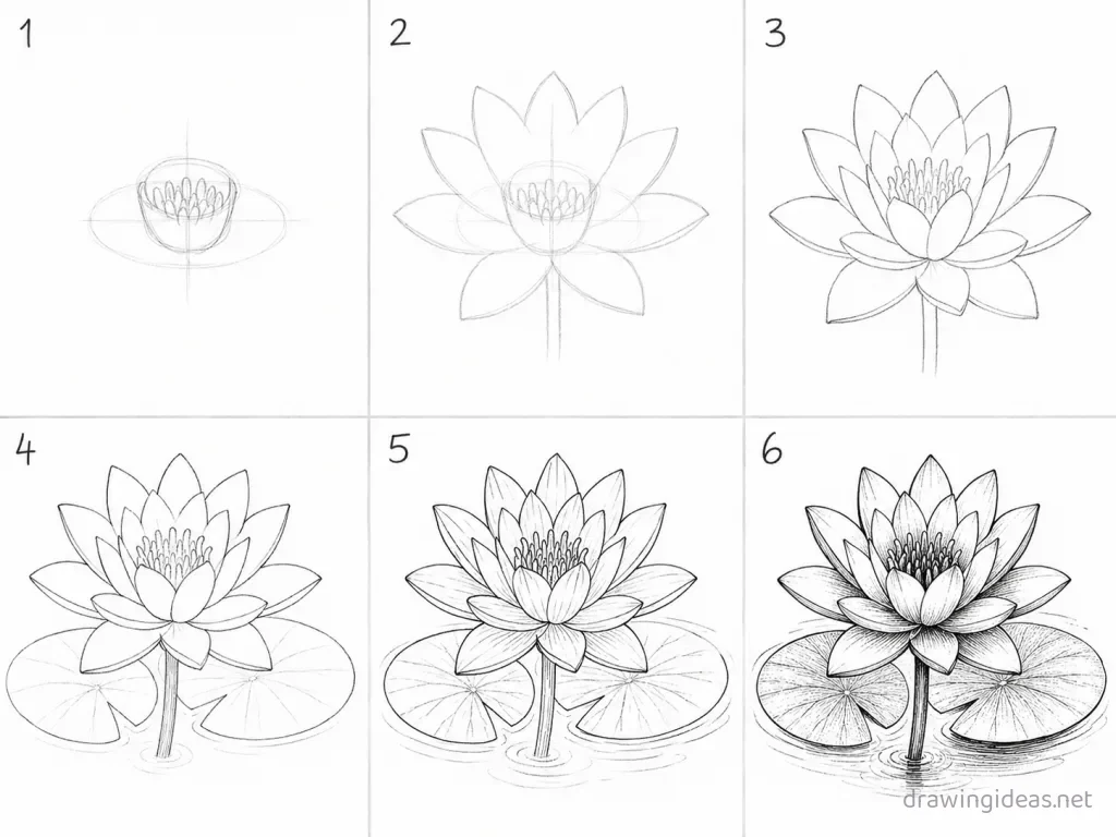 How to draw a water lily step by step — 6-step water lily drawing tutorial grid