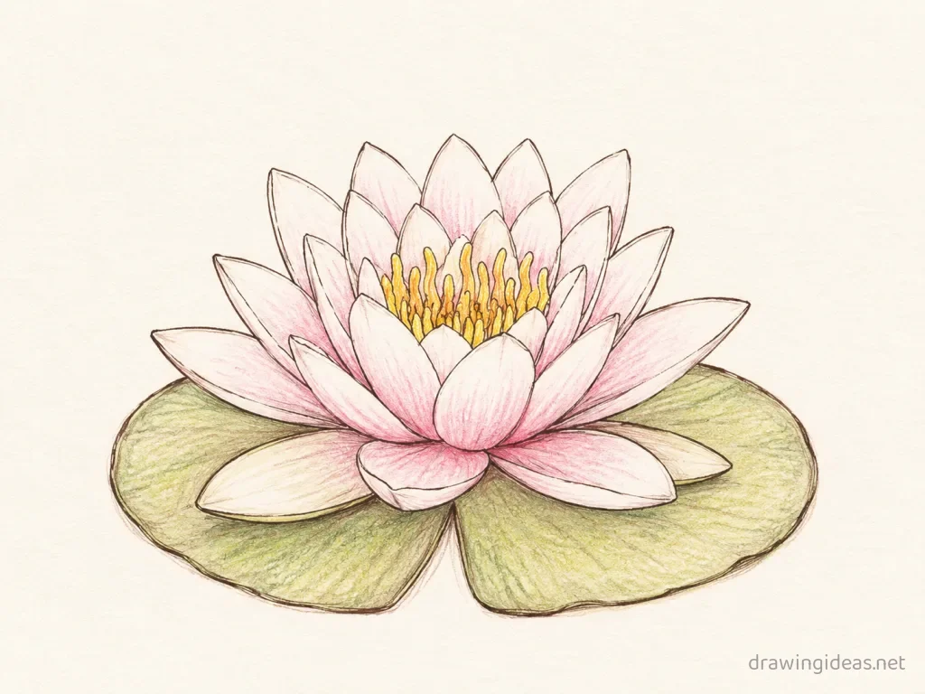 Water Lily drawing — hand-drawn water lily illustration with ink lines and soft colors