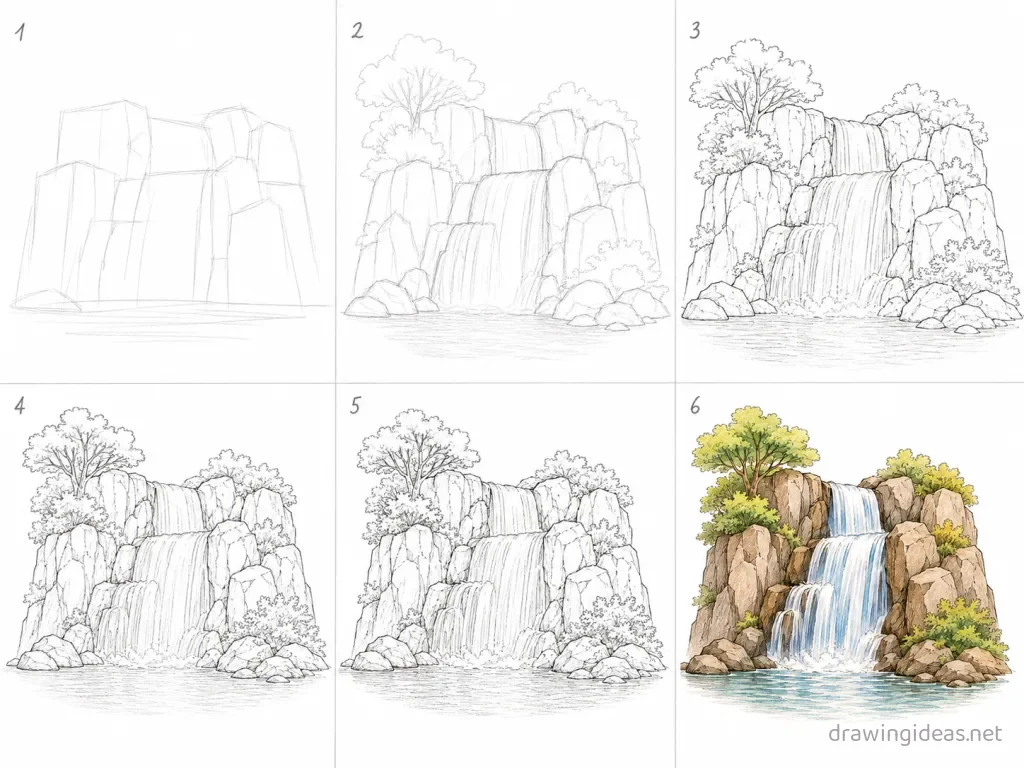 How to draw a waterfall step by step — 6-step waterfall drawing tutorial grid