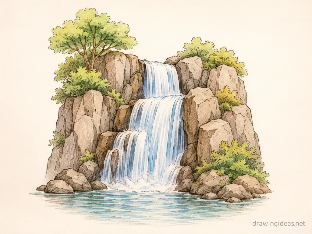 Waterfall drawing — hand-drawn waterfall illustration with ink lines and soft colors