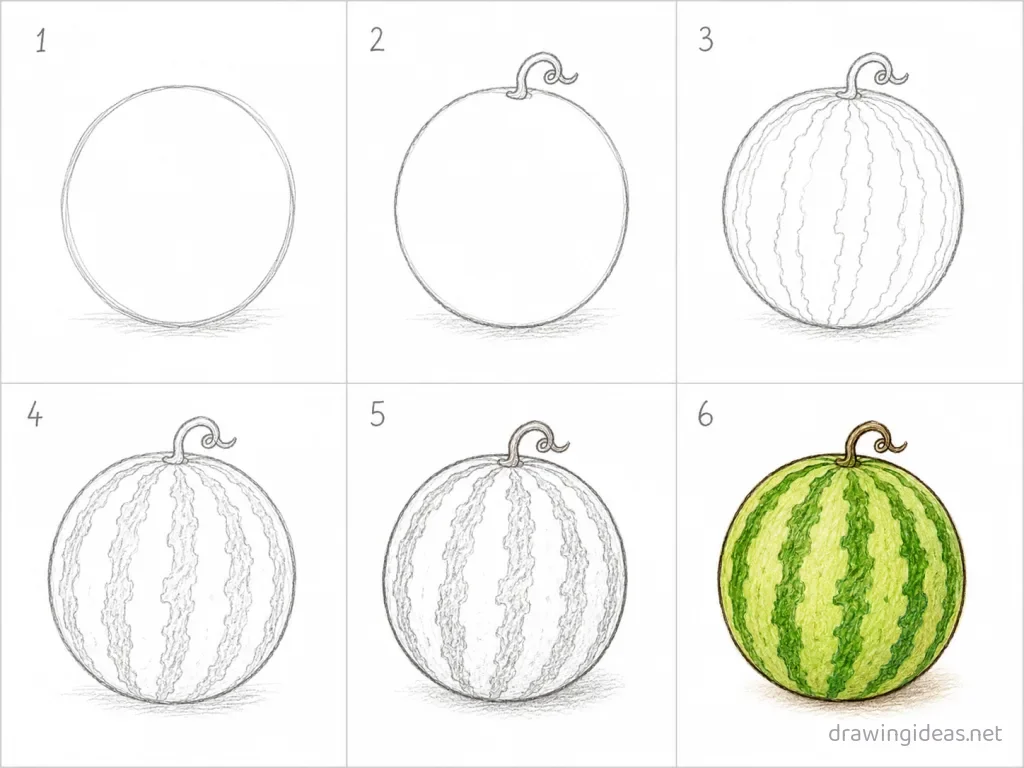 How to draw a watermelon step by step — 6-step watermelon drawing tutorial grid