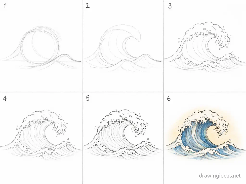 How to draw a wave step by step — 6-step wave drawing tutorial grid