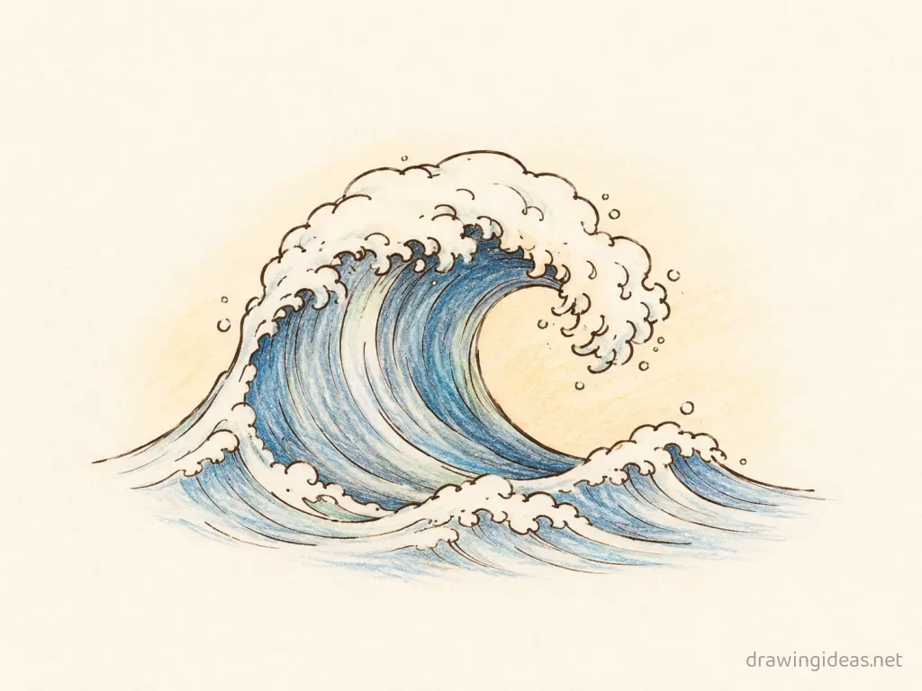 Wave drawing — hand-drawn wave illustration with ink lines and soft colors
