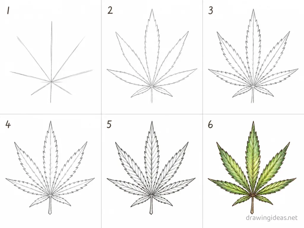 How to draw weed leaf step by step — 6-step weed leaf drawing tutorial grid