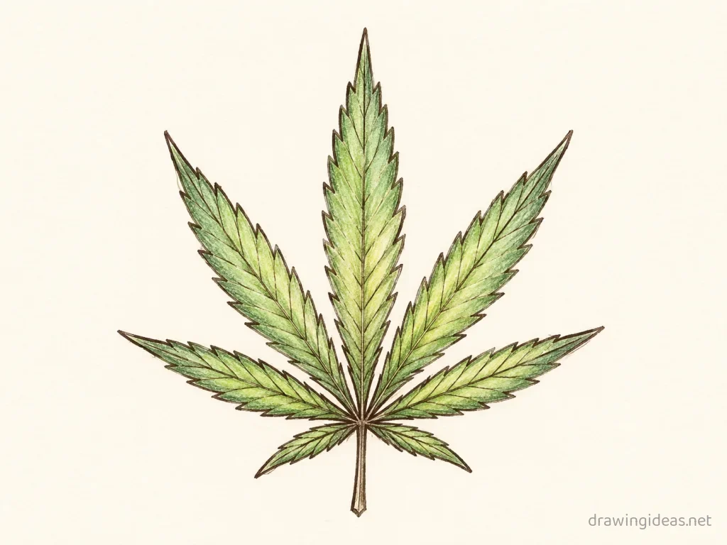 Weed Leaf drawing — hand-drawn weed leaf illustration with ink lines and soft colors