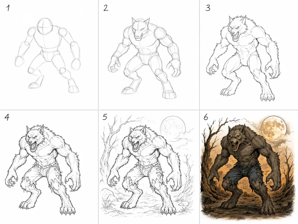 How to draw a werewolf step by step — 6-step werewolf drawing tutorial grid