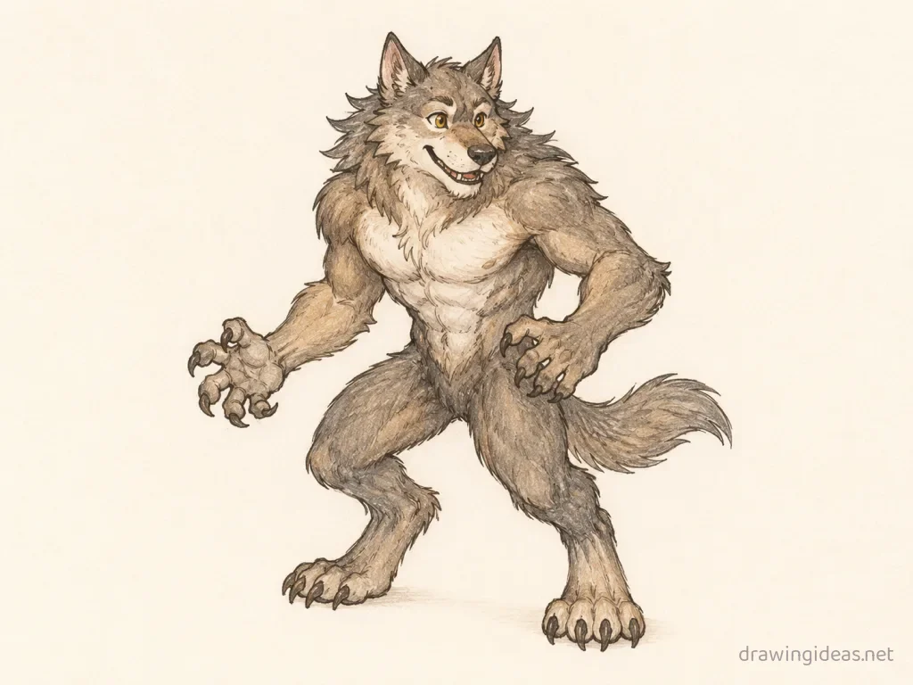 Werewolf drawing — hand-drawn werewolf illustration with ink lines and soft colors