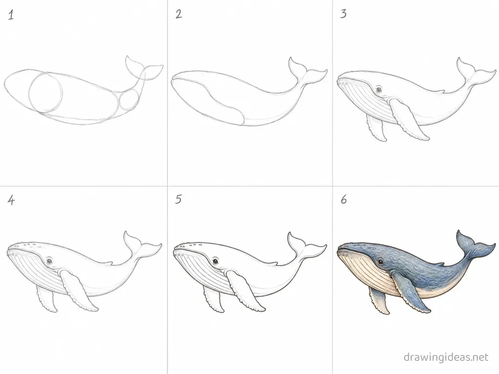 How to draw a whale step by step — 6-step whale drawing tutorial grid