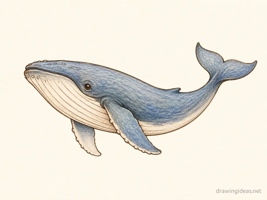 Whale drawing — hand-drawn whale illustration with ink lines and soft colors