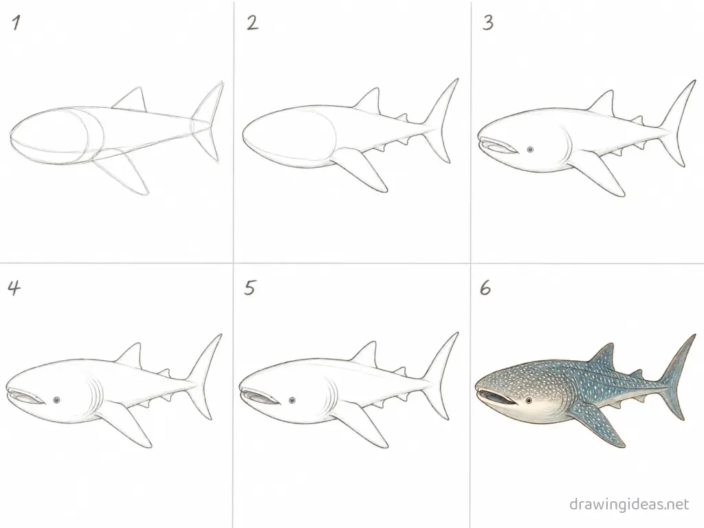 How to draw a whale shark step by step — 6-step whale shark drawing tutorial grid