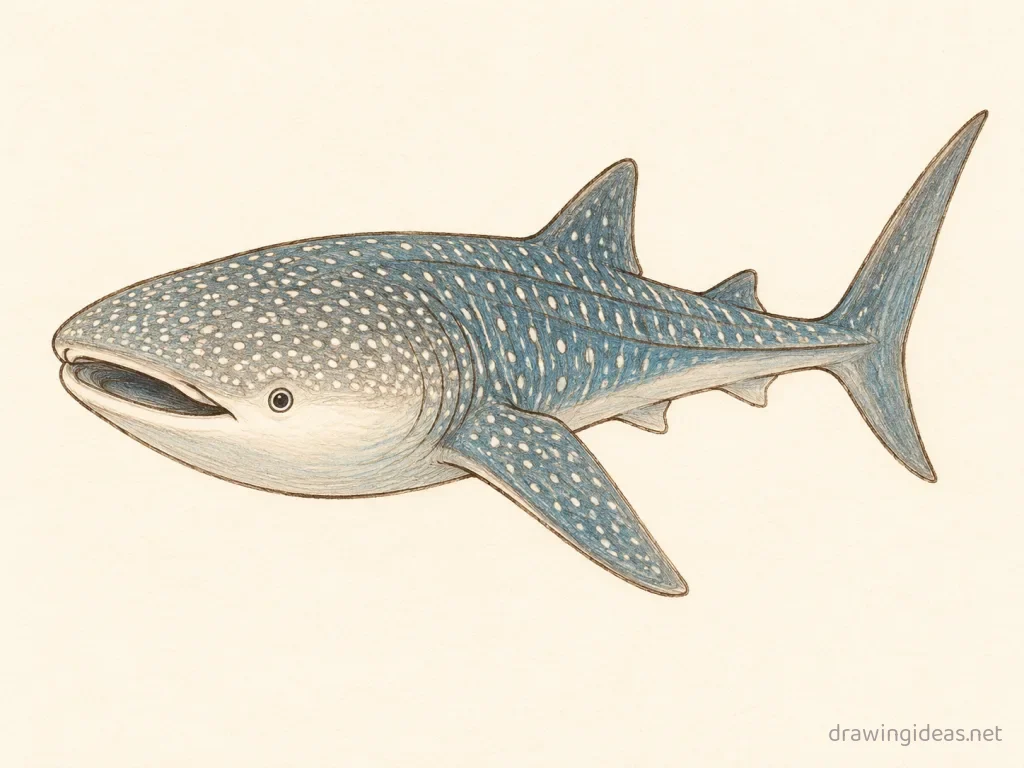 Whale Shark drawing — hand-drawn whale shark illustration with ink lines and soft colors