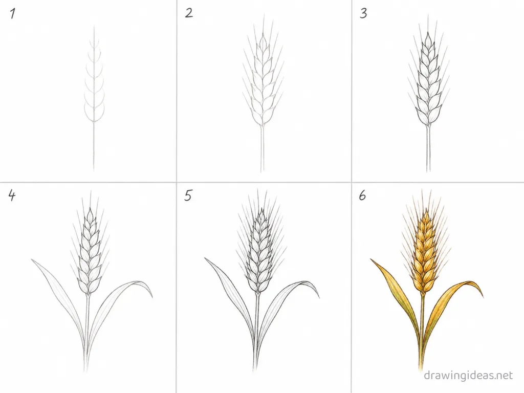 How to draw wheat step by step — 6-step wheat drawing tutorial grid