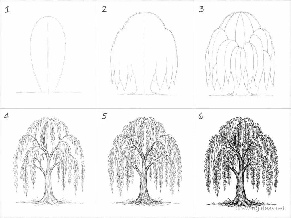 How to draw a willow tree step by step — 6-step willow tree drawing tutorial grid