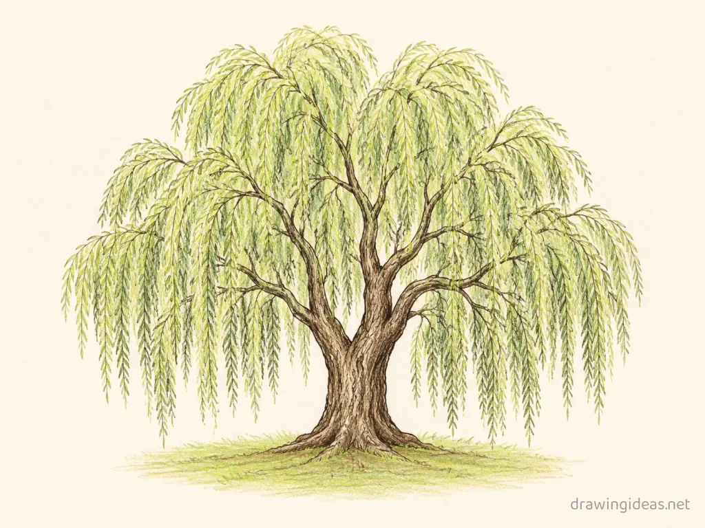 Willow Tree drawing — hand-drawn willow tree illustration with ink lines and soft colors
