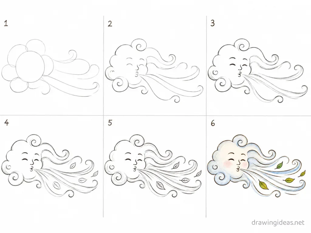 How to draw wind step by step — 6-step wind drawing tutorial grid