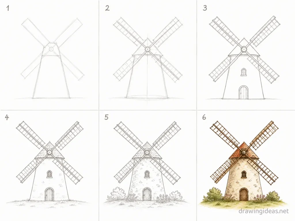 How to draw a windmill step by step — 6-step windmill drawing tutorial grid