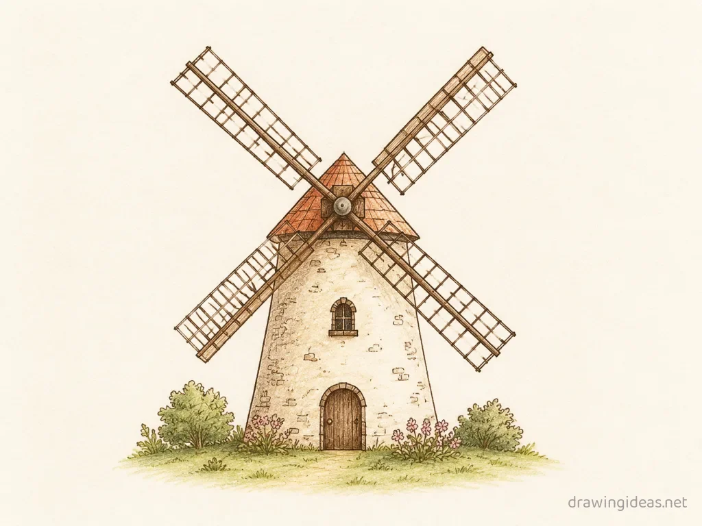 Windmill drawing — hand-drawn windmill illustration with ink lines and soft colors