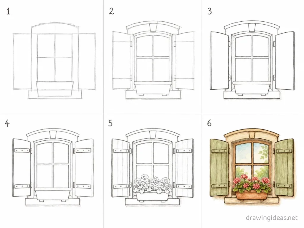How to draw a window step by step — 6-step window drawing tutorial grid