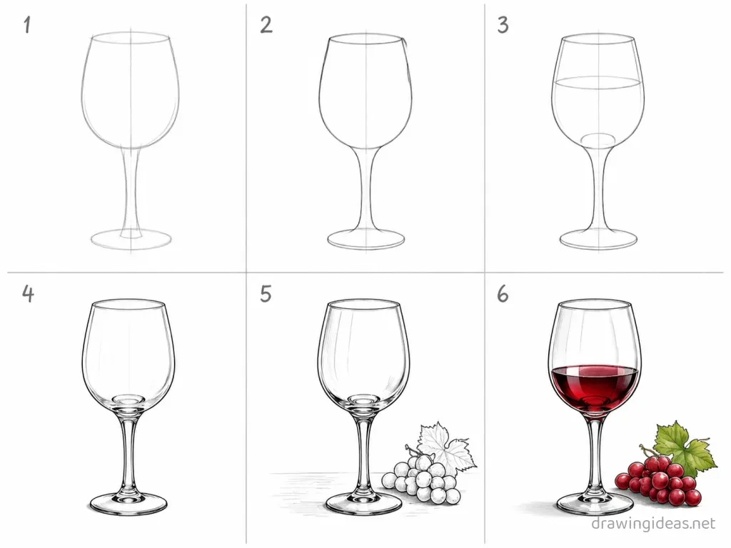 How to draw a wine glass step by step — 6-step wine glass drawing tutorial grid