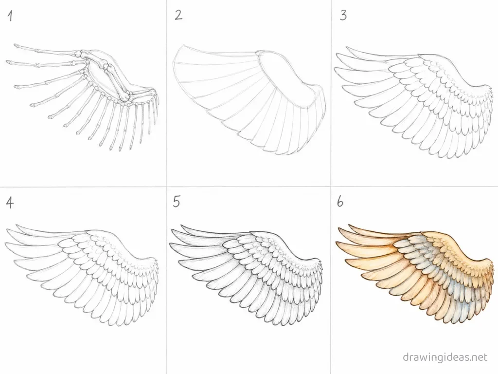 How to draw a wing step by step — 6-step wing drawing tutorial grid