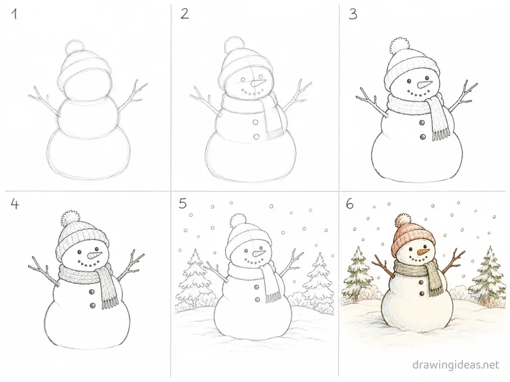How to draw winter step by step — 6-step winter drawing tutorial grid