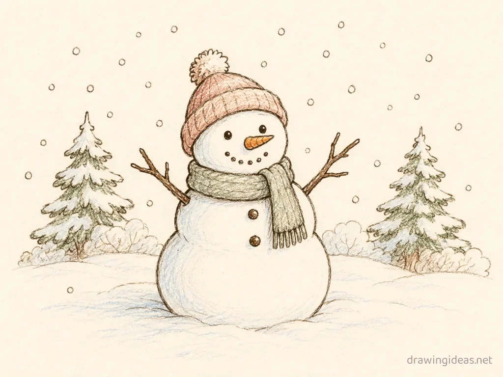 Winter drawing — hand-drawn winter illustration with ink lines and soft colors