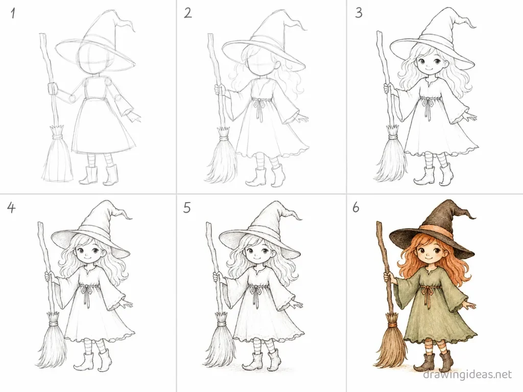 How to draw a witch step by step — 6-step witch drawing tutorial grid