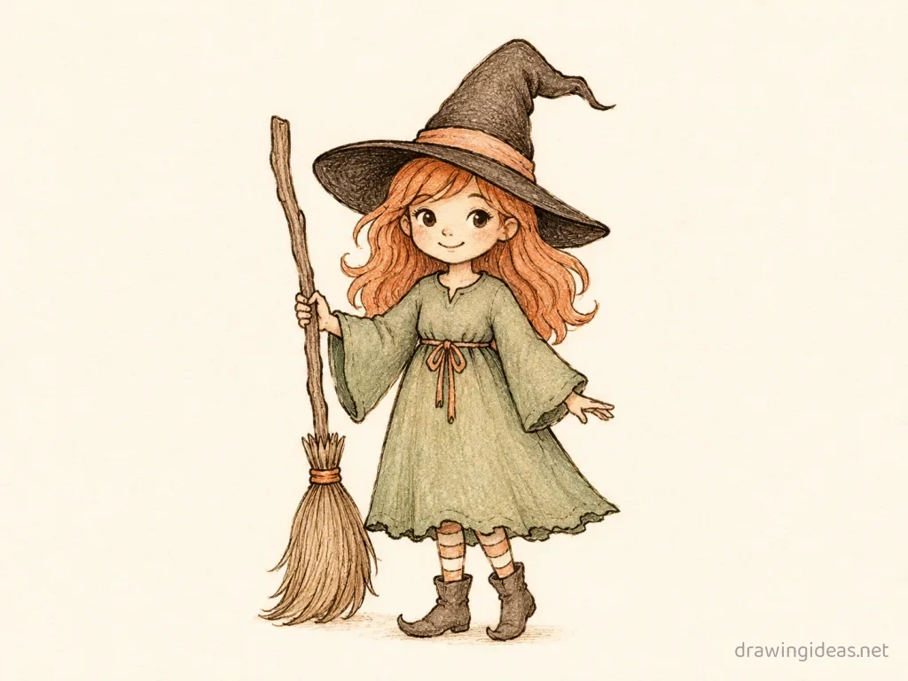 Witch drawing — hand-drawn witch illustration with ink lines and soft colors