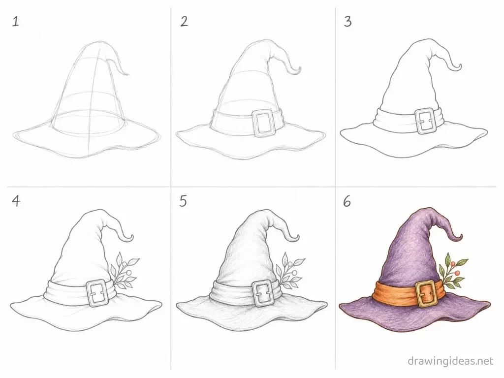 How to draw a witch hat step by step — 6-step witch hat drawing tutorial grid