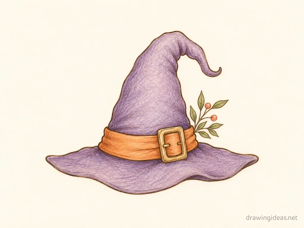 Witch Hat drawing — hand-drawn witch hat illustration with ink lines and soft colors