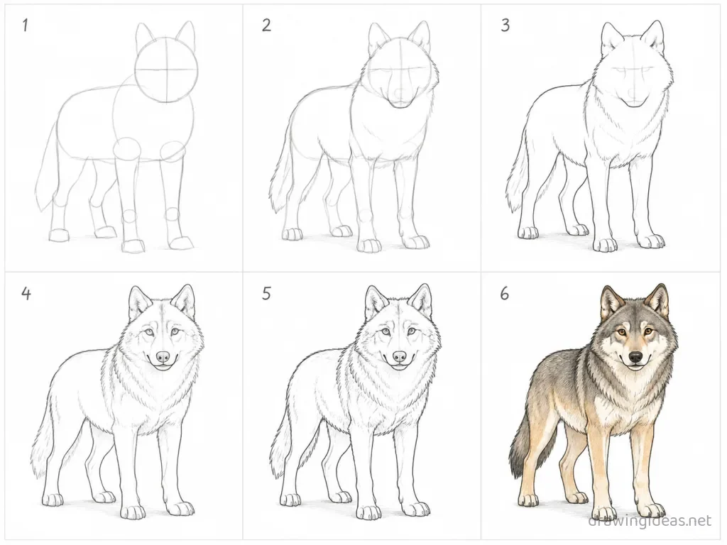 How to draw a wolf step by step — 6-step wolf drawing tutorial grid