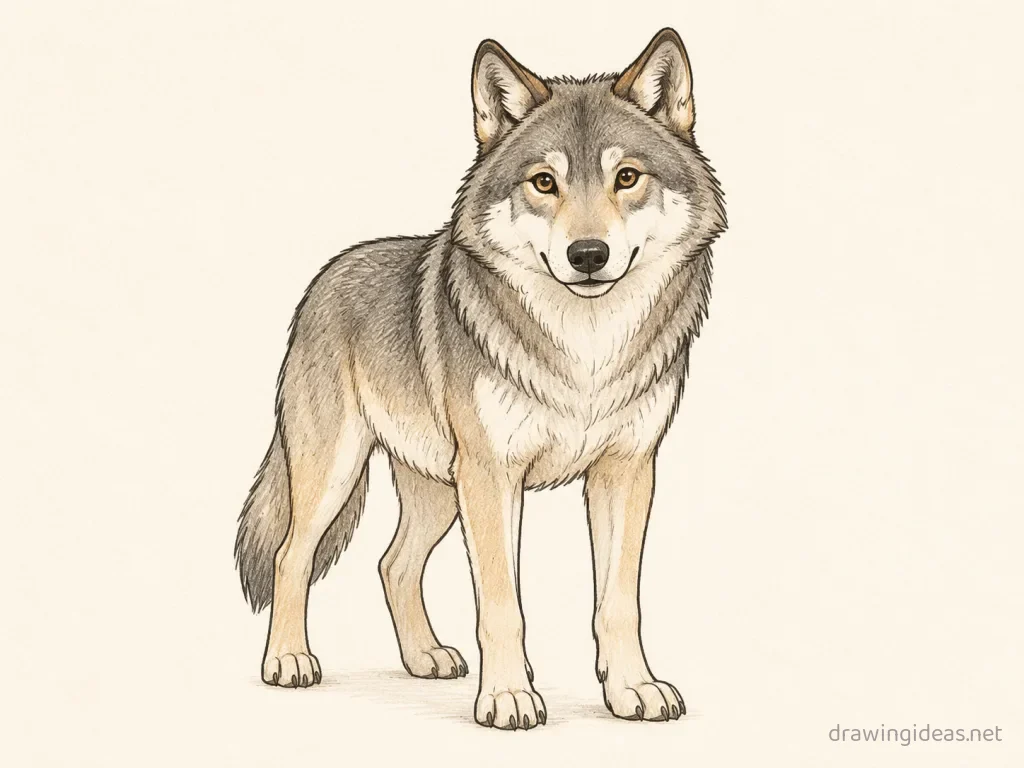 Wolf drawing — hand-drawn wolf illustration with ink lines and soft colors