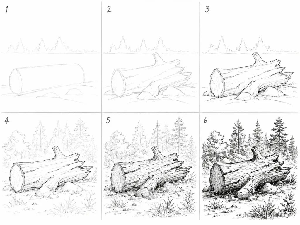 How to draw wood step by step — 6-step wood drawing tutorial grid