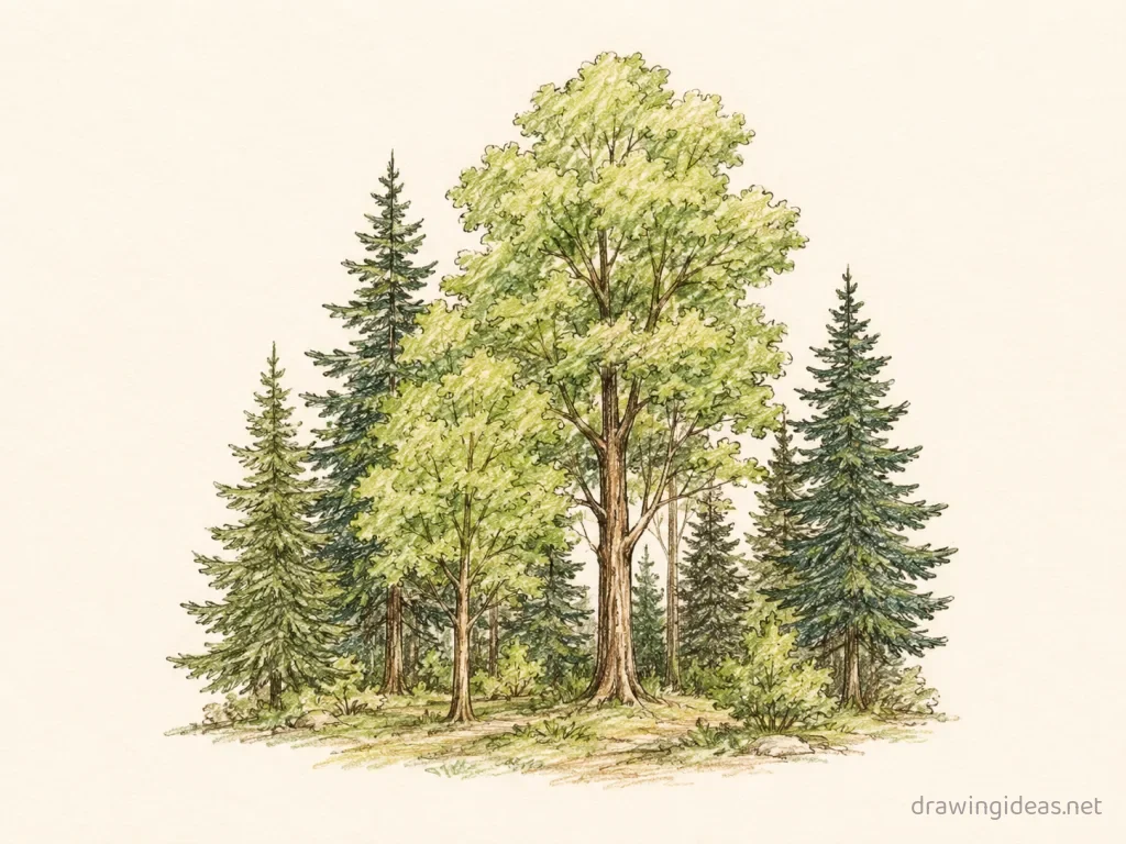 Wood drawing — hand-drawn wood illustration with ink lines and soft colors