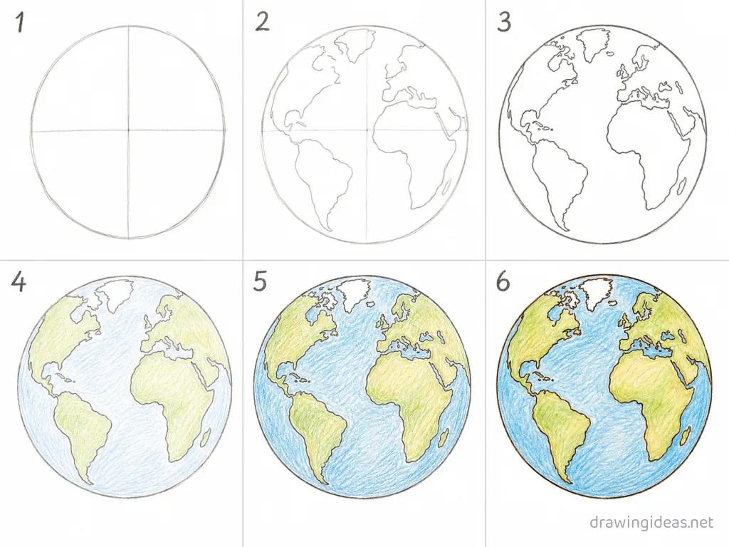 How to draw the World step by step — 6-step World drawing tutorial grid