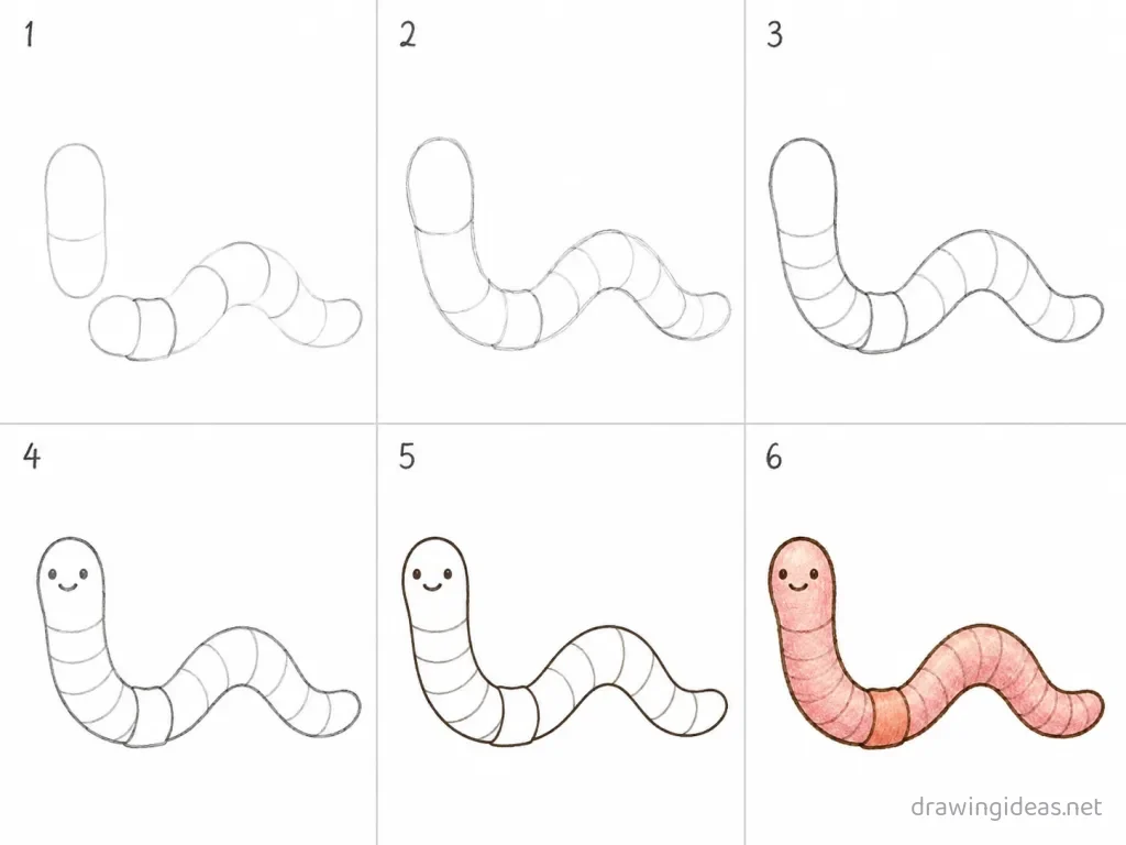 How to draw a worm step by step — 6-step worm drawing tutorial grid