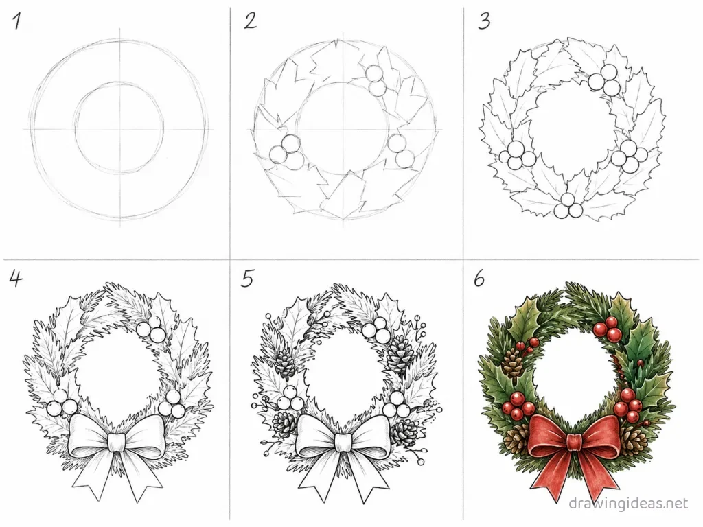 How to draw a wreath step by step — 6-step wreath drawing tutorial grid