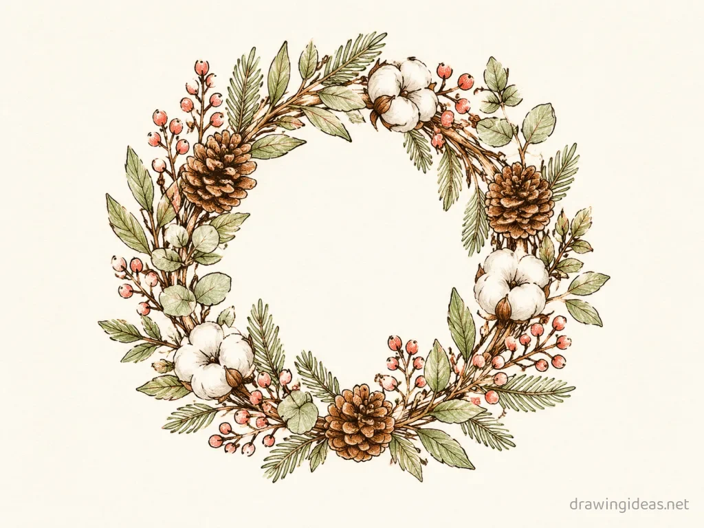 Wreath drawing — hand-drawn wreath illustration with ink lines and soft colors