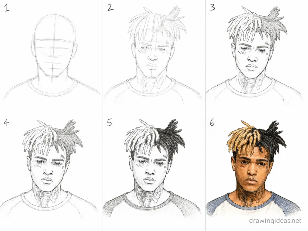 How to draw Xxxtentacion step by step — 6-step Xxxtentacion drawing tutorial grid