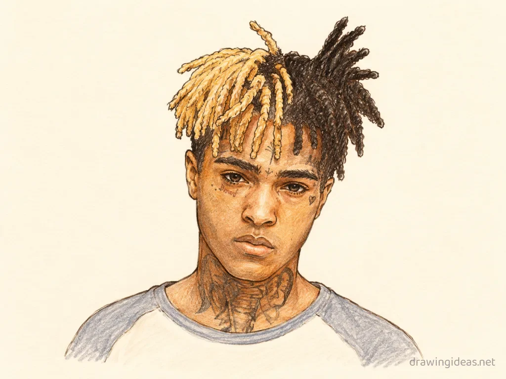 Xxxtentacion drawing — hand-drawn Xxxtentacion illustration with ink lines and soft colors
